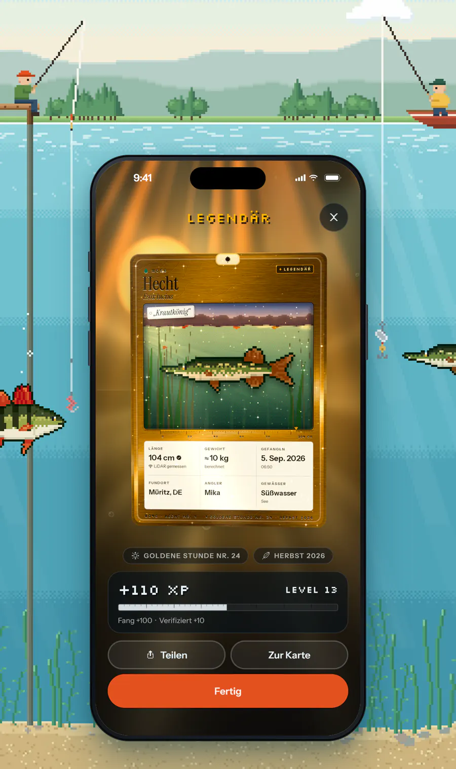 Holofish deckt eine legendäre Hecht-Karte auf: 104 Zentimeter, etwa 10 Kilo, dazu 110 XP.