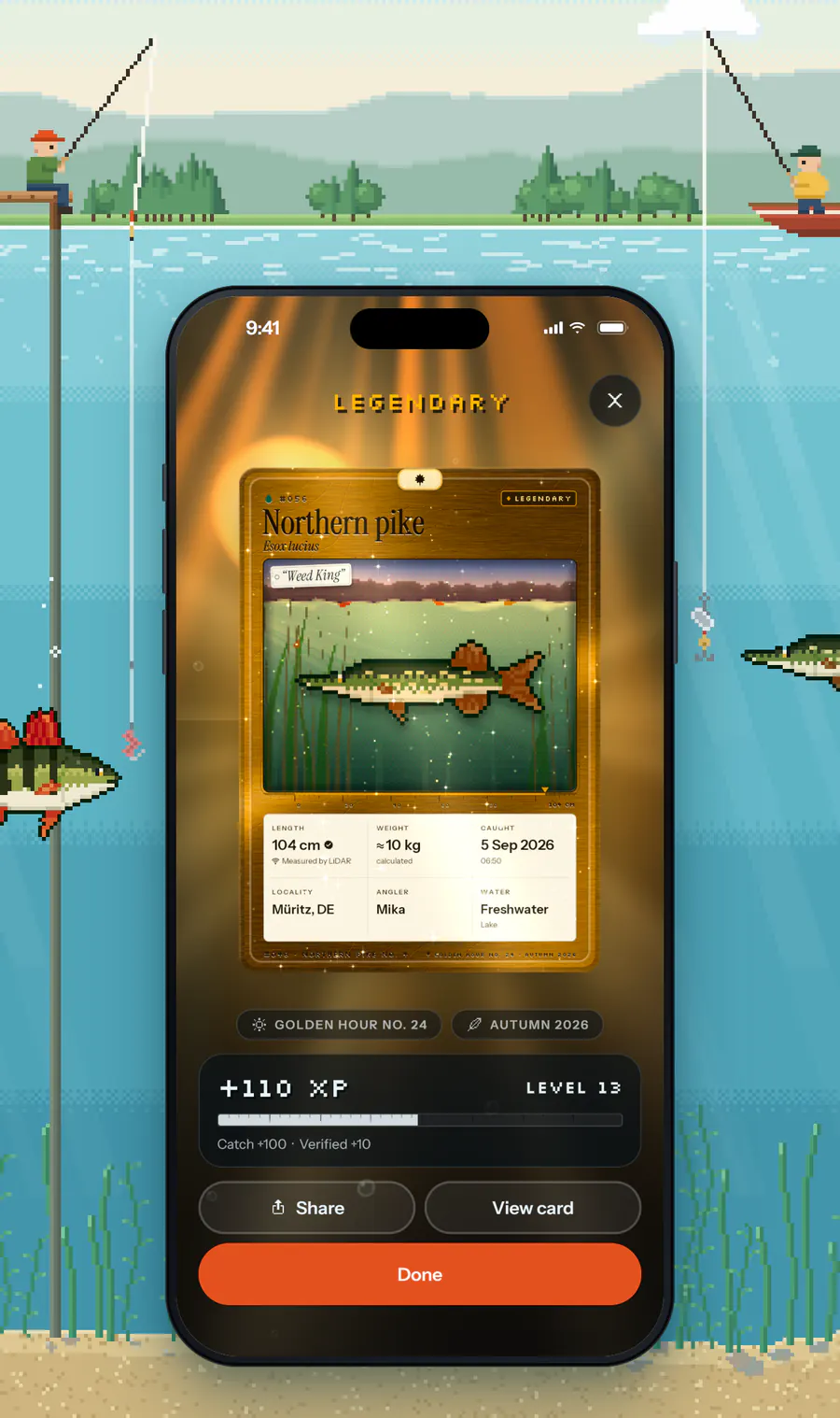 Holofish reveals a legendary pike card: 104 centimetres, about 10 kilos, plus 110 XP.