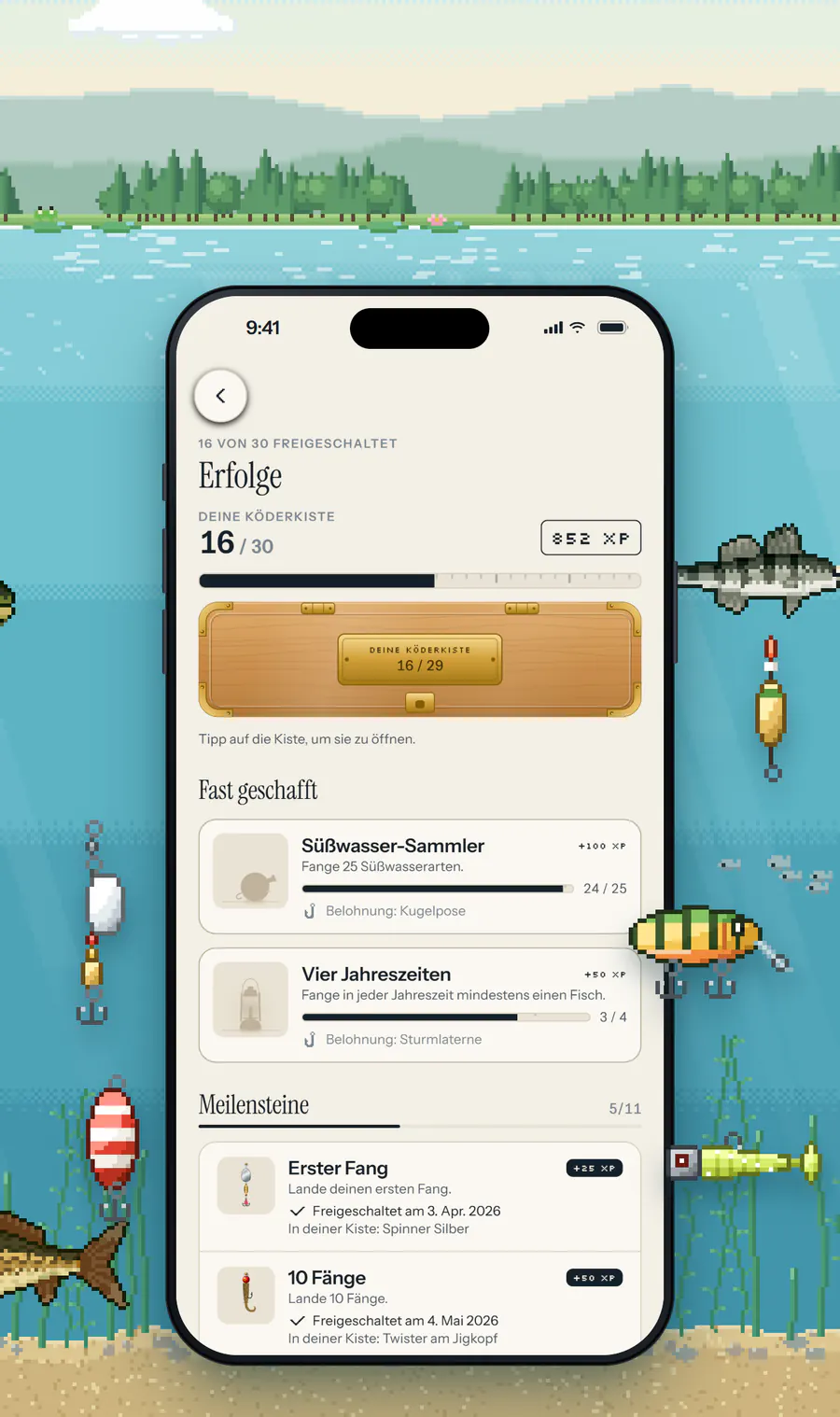 Erfolge in Holofish: 16 von 30 freigeschaltet, eine hölzerne Köderkiste und der Fortschritt zu Zielen wie Süßwasser-Sammler.