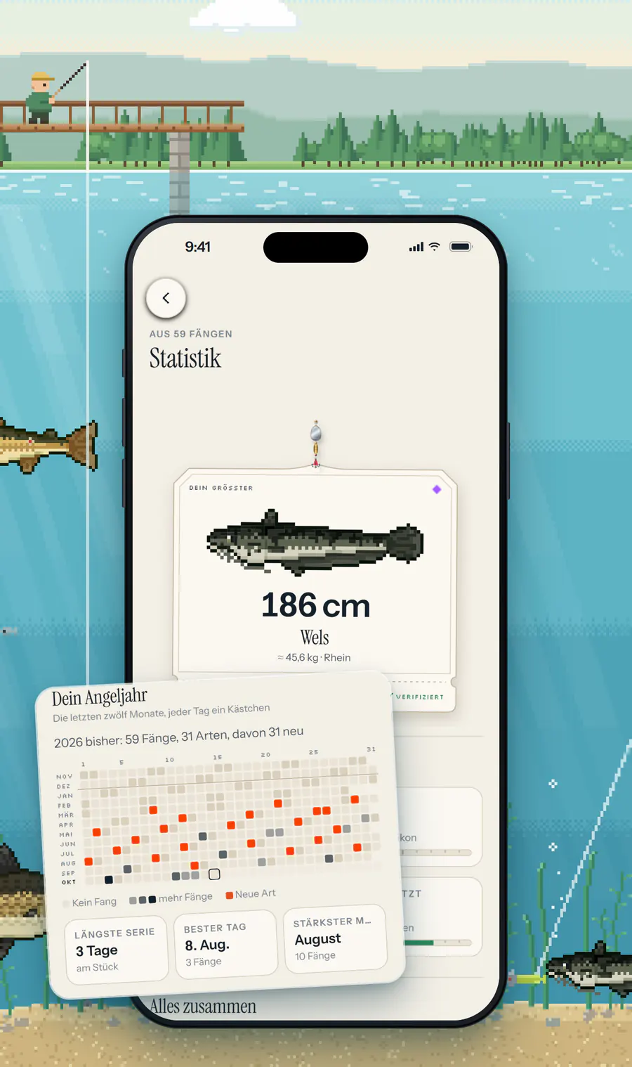 Die Statistik in Holofish: der größte Fang, ein Wels mit 186 Zentimetern, und der Kalender des Angeljahres.