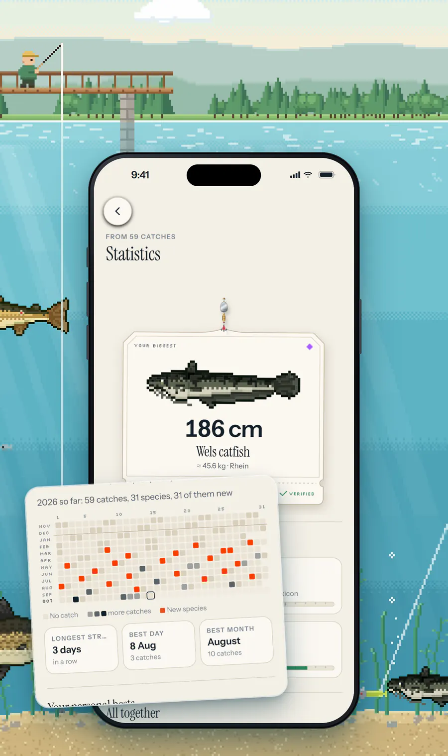 Statistics in Holofish: the biggest catch, a 186 centimetre wels catfish, and the calendar of the fishing year.